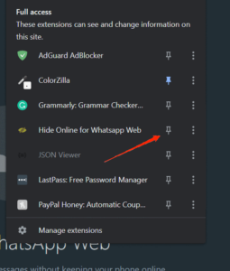 Select the extension icon and the Hide Online For WhatsApp Web symbol from the toolbar